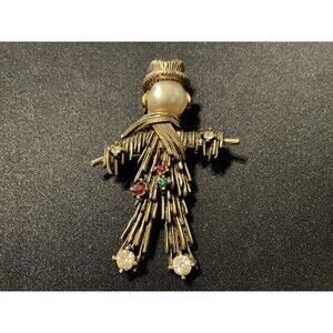 Jeanna Signed Scarecrow Gold Tone w/ White, Red & Green Rhinestones Brooch
